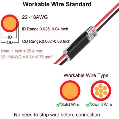 🔌2-Pin Solderless Wire Connector – Compact Plug for LED Strips & 18–22 AWG Cables